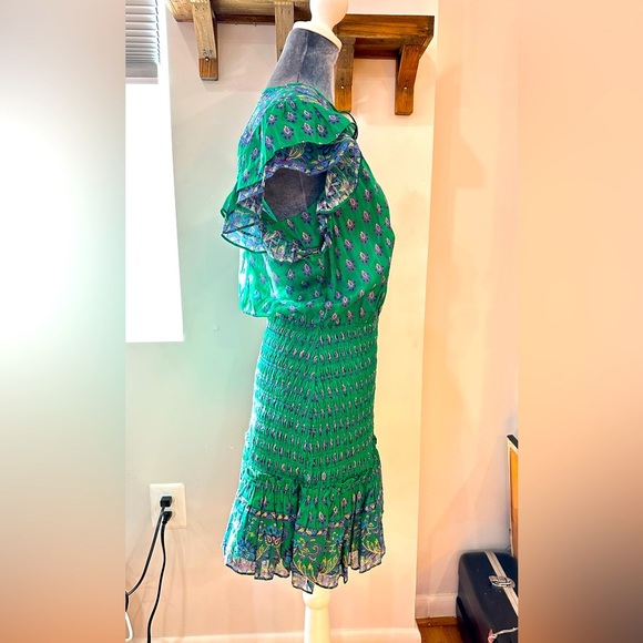 NWT Veronica Beard Brindelle Smocked Cotton Mini Dress in Kelly Green Multi 4 - Picture 8 of 15